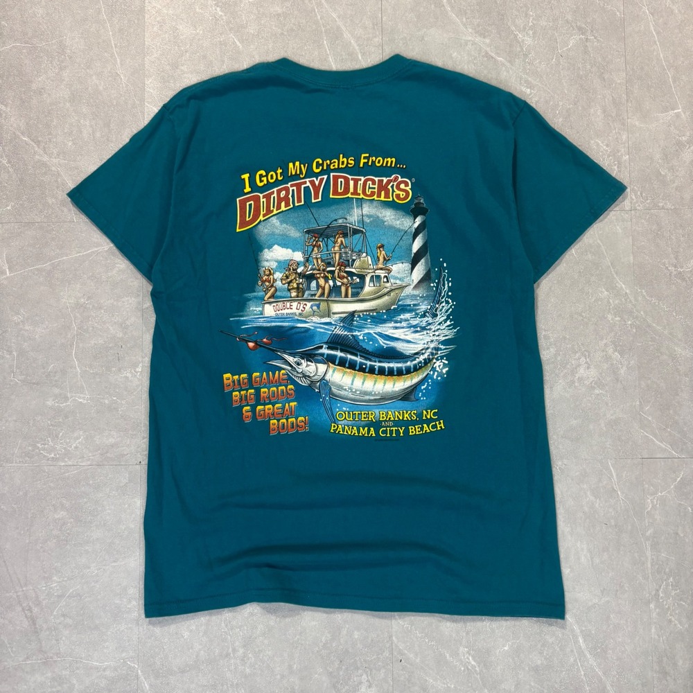 Dirty Dicks Crab House T-Shirt Mens Teal Graphic Outer Banks Panama City Beach